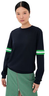 Tibi Sport Knit Crewneck T with Crochet Trim Navy XS