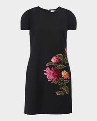 Floral Embroidered Wool Mini Shift Dress
