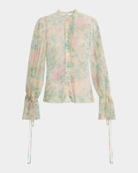 Floral Silk Balloon-Sleeve Button-Down Top