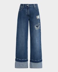 Embellished Distressed Wide-Leg Jeans