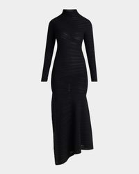 Asymmetric Tonal Striped Jersey Mock-Neck Midi Dress