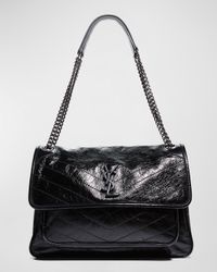 Niki Large Flap YSL Shoulder Bag in Crinkled Leather