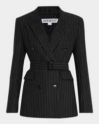 Belted Pinstripe Double-Breasted Blazer