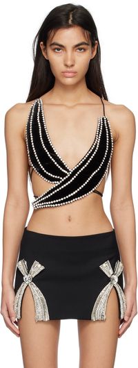 AREA Black Crystal Trim Banana Tank Top