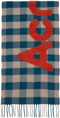 Acne Studios Blue & Beige Check Logo Scarf