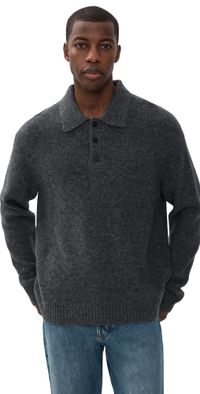 Theory Long Sleeve Polo in Astor Wool Charcoal S