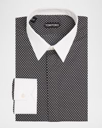 Men's Cotton Diamond-Print Contrast Collar-Cuff Dress Shirt