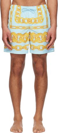 Versace Underwear Maillot de bain bleu et jaune à motif à chaines à logos Medusa
