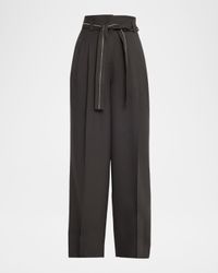 Belted Wide-Leg Wool Flannel Trousers