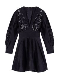 Women's Short Embroidered Linen Dress - Black - Size 10