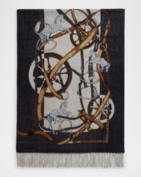 Equestrian-Print Cashmere Fringe Wrap