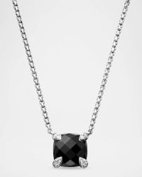 Chatelaine Cushion Pendant Necklace with Gemstone and Diamonds in Silver, 8mm, 16-18"L