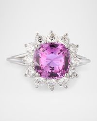 Estate Platinum Pink Sapphire Cushion and Diamond Halo Ring, Size 7