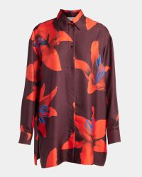 Long-Sleeve Lily-Print Silk Button-Down Shirt