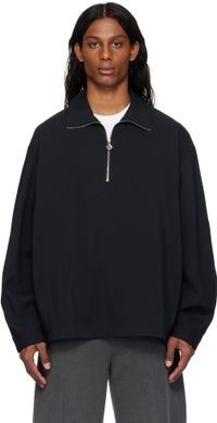 Solid Homme Black Half Zip Up Band Neck Sweatshirt