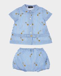Girl's Pinstripe Poplin Safety Pin Dress with Bloomers, Size 6M-18M