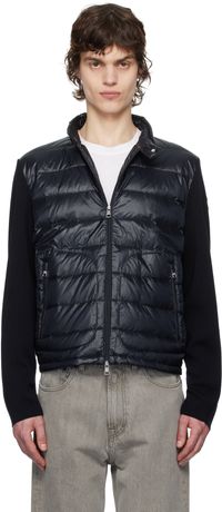 Moncler Blouson bleu marine en laine rembourré en duvet à glissières
