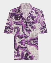 Majolica-Printed Crochet Lace Camp Shirt