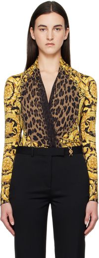 Versace Black & Gold Wild Barocco Silk Draped Bodysuit