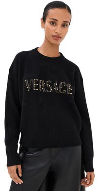 Versace Studs Logo Embroidery Wool Knit Sweater Black 42