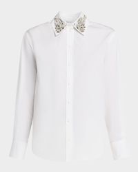 Crystal Collar Cotton Button-Down Shirt