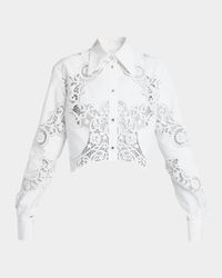 Poplin Button-Front Shirt with Cutwork Lace Embroidery