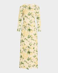 Long-Sleeve Printed Garden Rose Guipure Maxi Dress