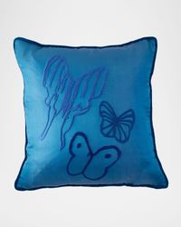 Hand-Embroidered Silk Pillow with Velvet Back, 22" Square