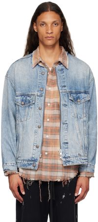 R13 Blouson camionneur bleu en denim sans col