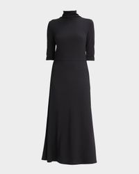 Elbow-Sleeve Turtleneck Midi Dress