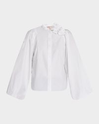 Flower Pin Balloon-Sleeve Cotton Blouse