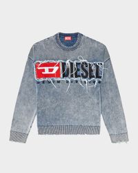Men's K-Fronzi Frayed Denim Logo Crewneck Sweater