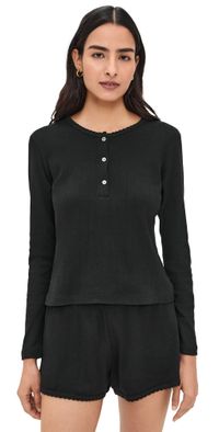 Leset Pointelle Long Sleeve Henley Black L