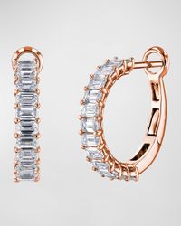 18K Gold Emerald-Cut Diamond Halfway Huggie Hoop Earrings, 3.6tcw/0.75"L