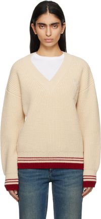 AMI Paris Pull beige en tricot côtelé de laine à col en V