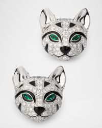 18K White Gold Fuzzy, the Leopard Stud Earrings with Diamonds and Emeralds