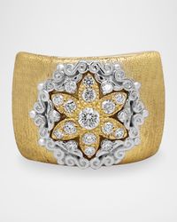 18K Yellow and White Gold Diamond Starburst Wide Band Cigar Band Ring