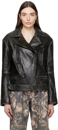 OPEN YY Blouson brun en cuir à effet usé