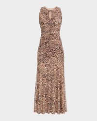 Julia Ruched Animal-Print Mesh Maxi Dress