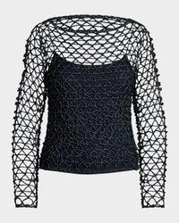 Boat-Neck Metallic Crochet Knit Sweater