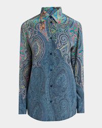 Arnica-Print Button-Down Tunic Blouse
