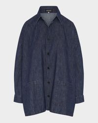 Denim Wide A-Line Shirt Jacket With Collar (Long Length)