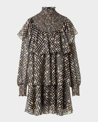 Polka Dot Devore Crepe De Chine Ruffle Mini Dress