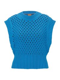 Women's Cap Sleeve Open-Knit Top In A Cotton Blend - Blue - Size Small