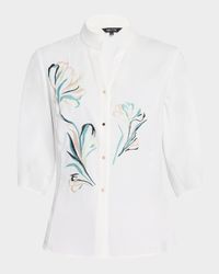 Floral-Embroidered Crepe De Chine Blouse