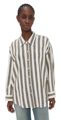 Denimist Button Front Shirt Jumbo Olive/Ecru Stripe M