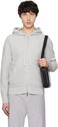 Thom Browne Gray Linen Cotton 4-Bar Relaxed Fit Zip Up Hoodie