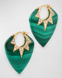 18K Yellow Gold Earrings with Malachite and GH-SI Diamonds, 25x20mm