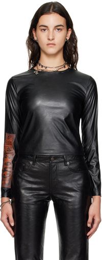 Acne Studios T-shirt à manches longues noir en cuir synthétique à col ras du cou