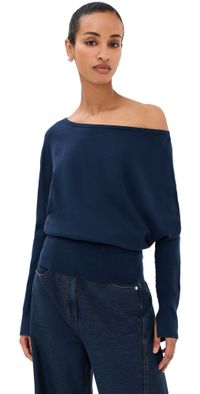 SIMKHAI Lavina Draped Off Shoulder Sweater Midnight XS